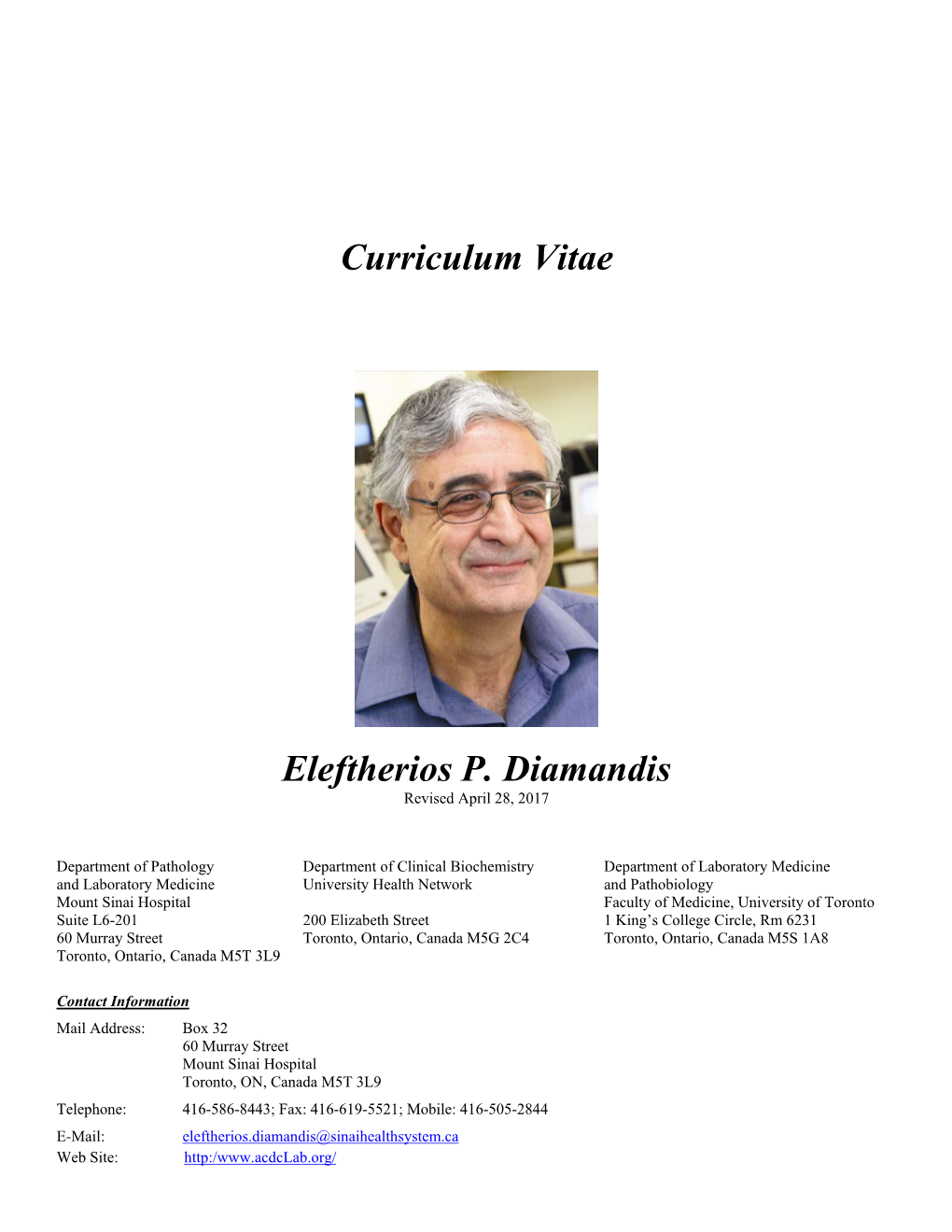 Curriculum Vitae Eleftherios P. Diamandis