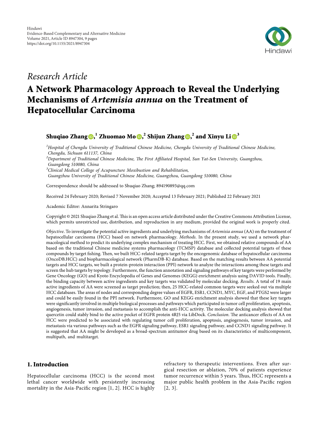 A Network Pharmacology Approach to Reveal the Underlying Mechanisms of Artemisia Annua on the Treatment of Hepatocellular Carcinoma