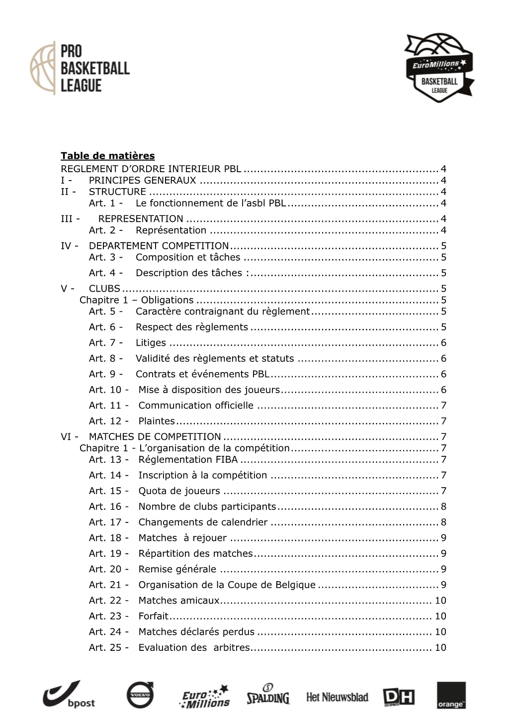 Table De Matières REGLEMENT D'ordre INTERIEUR PBL