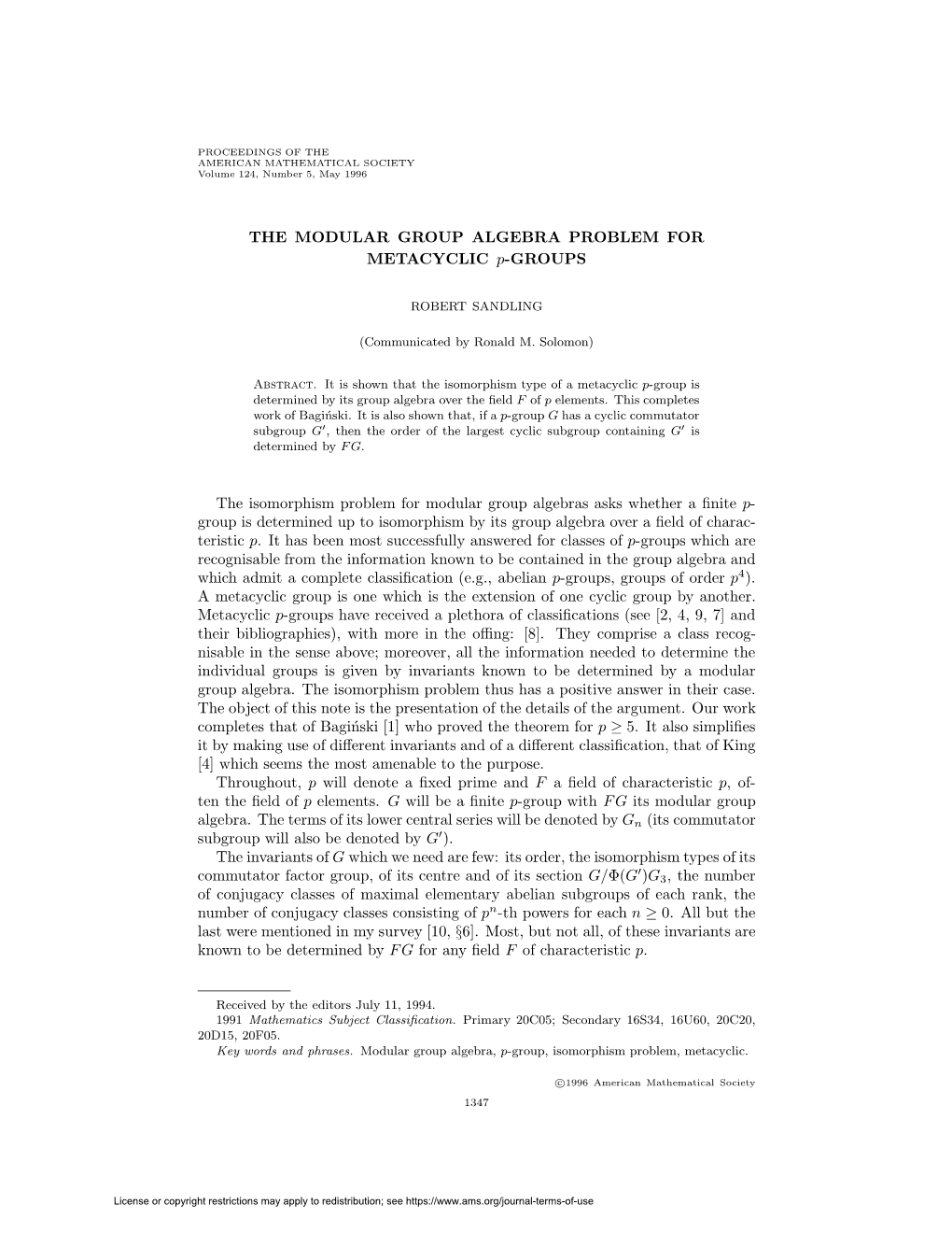 THE MODULAR GROUP ALGEBRA PROBLEM for METACYCLIC P-GROUPS