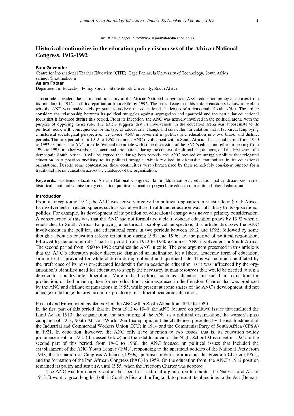 Historical Continuities in the Education Policy Discourses of the African National Congress, 1912-1992