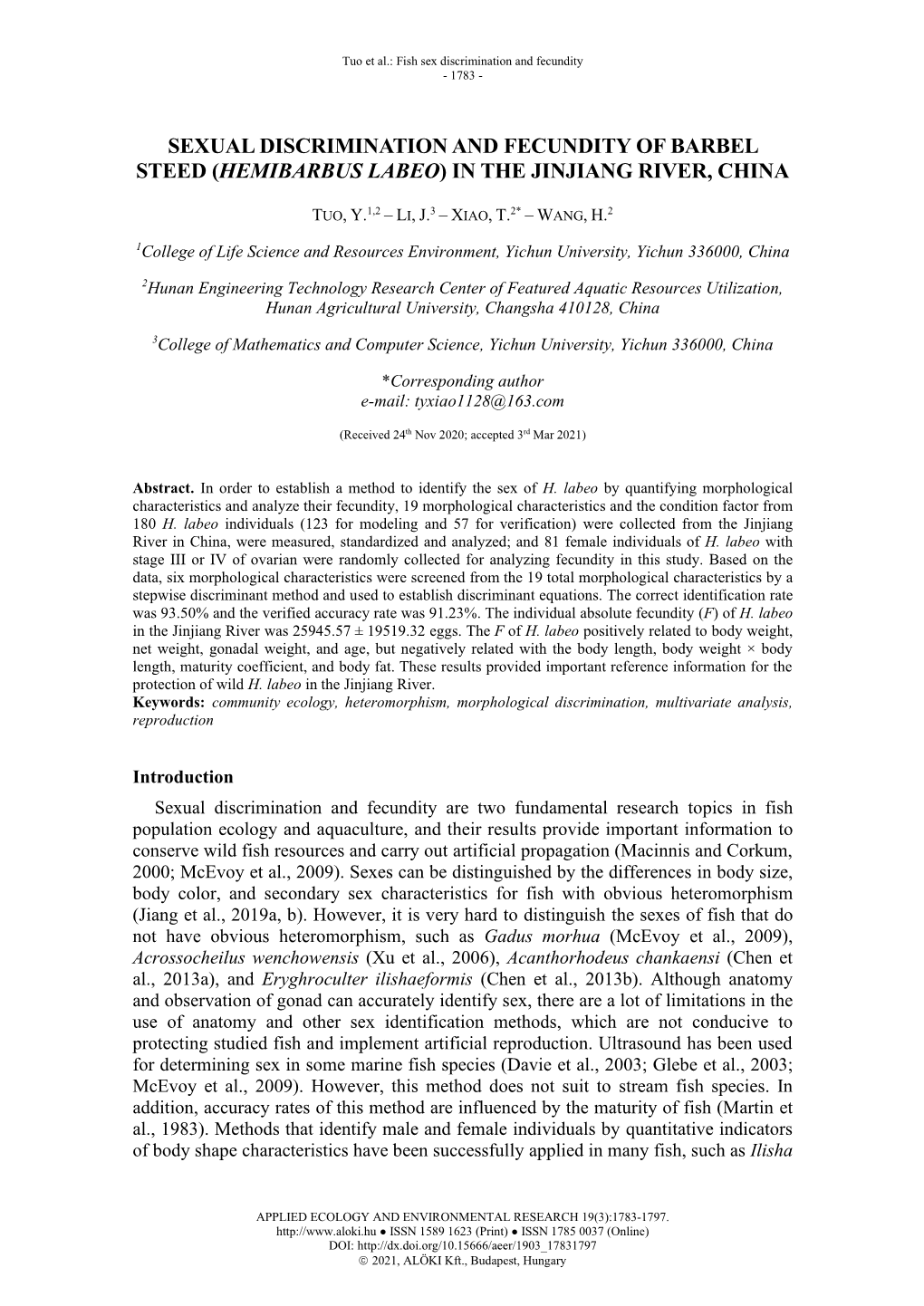 Sexual Discrimination and Fecundity of Barbel Steed (Hemibarbus Labeo) in the Jinjiang River, China