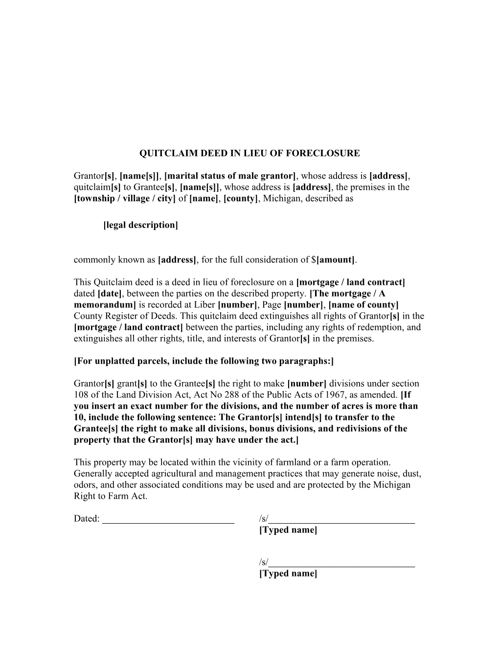 Quitclaim Deed in Lieu of Foreclosure