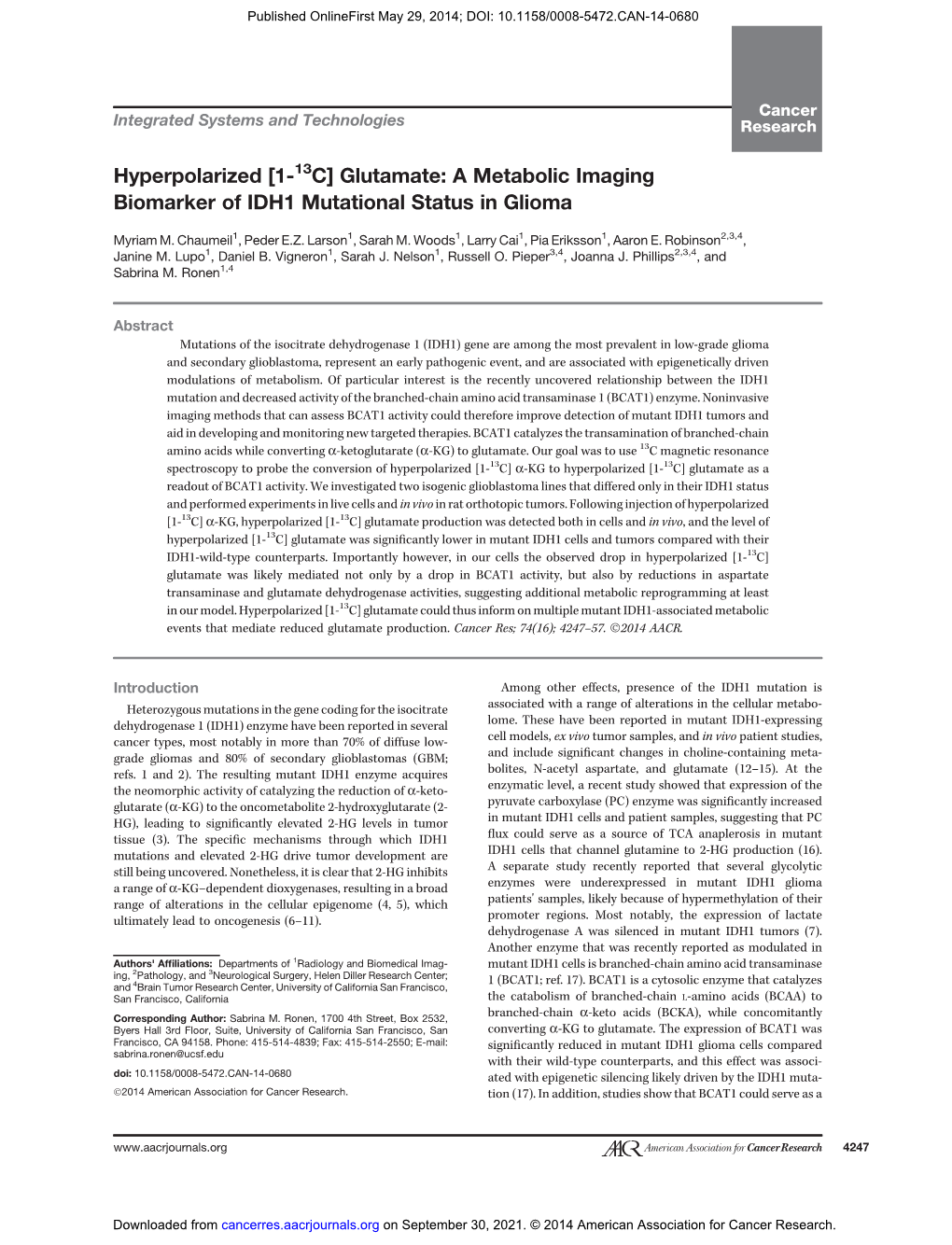 A Metabolic Imaging Biomarker of IDH1 Mutational Status in Glioma
