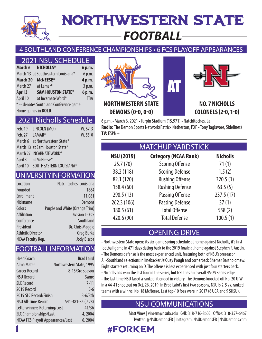 FOOTBALL 4 SOUTHLAND CONFERENCE CHAMPIONSHIPS • 6 FCS PLAYOFF APPEARANCES 2021 NSU SCHEDULE March 6 NICHOLLS* 6 P.M