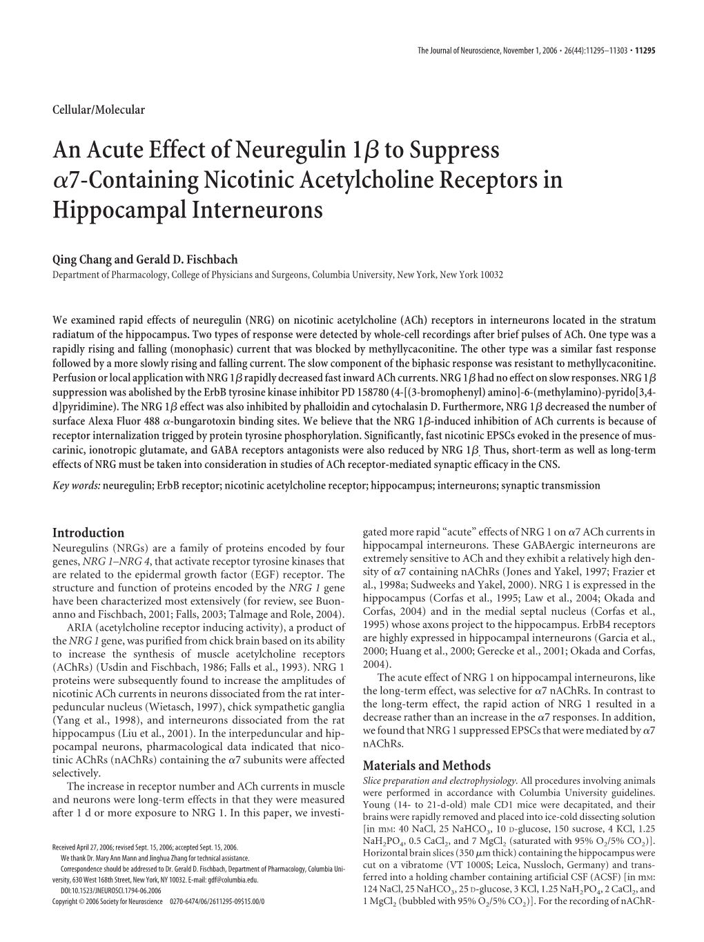 An Acute Effect of Neuregulin 1Яto Suppress Α7-Containing Nicotinic