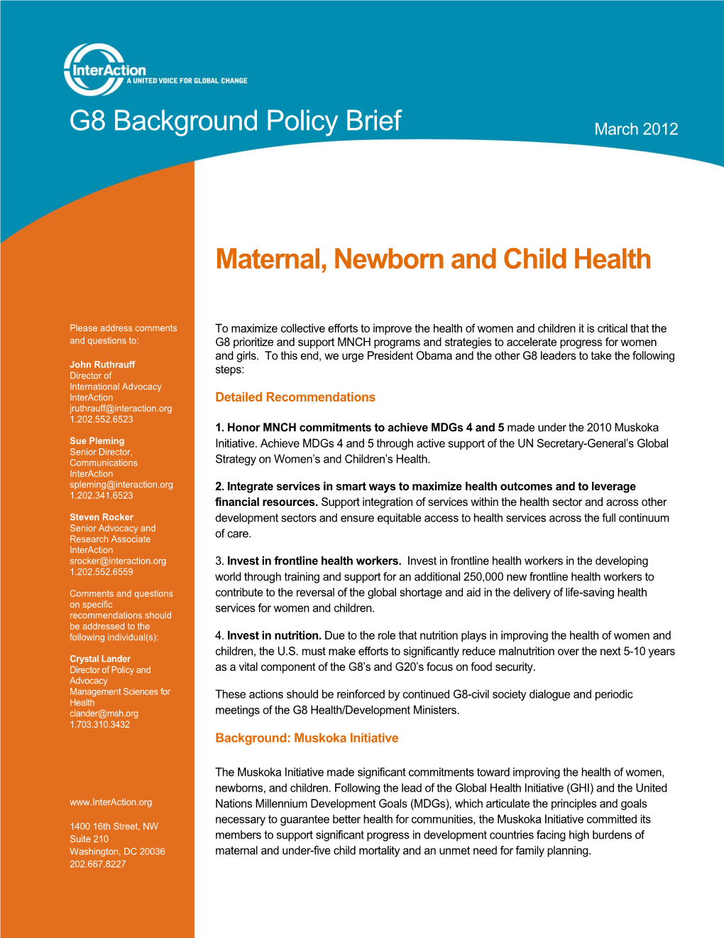 Maternal, Newborn and Child Health G8 Background Policy Brief
