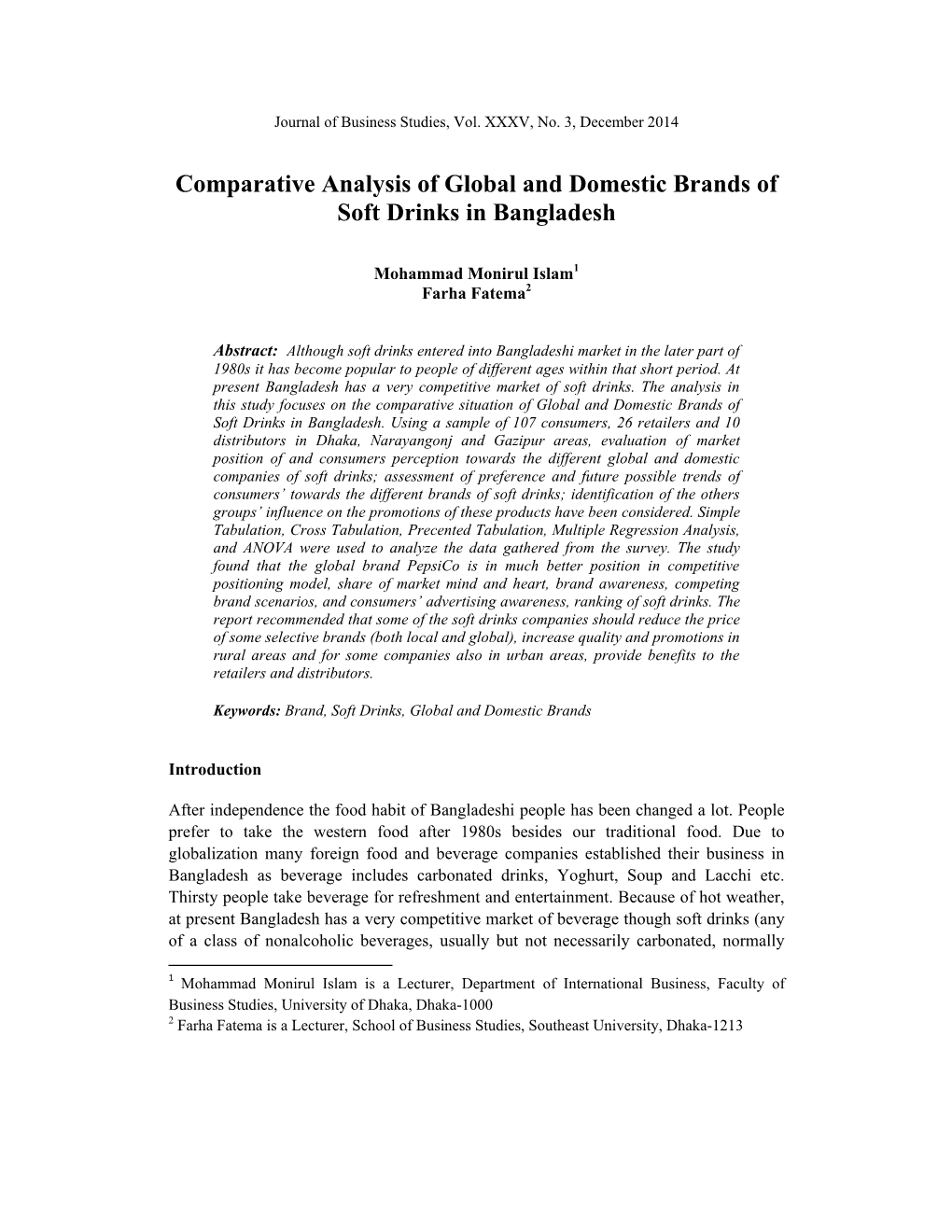 Comparative Analysis of Global and Domestic Brands of Soft Drinks in Bangladesh