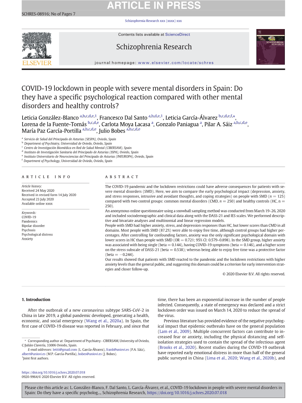 COVID-19 Lockdown in People with Severe Mental Disorders in Spain