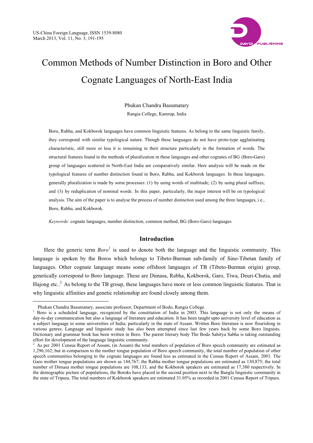 Common Methods of Number Distinction in Boro and Other Cognate Languages of North-East India