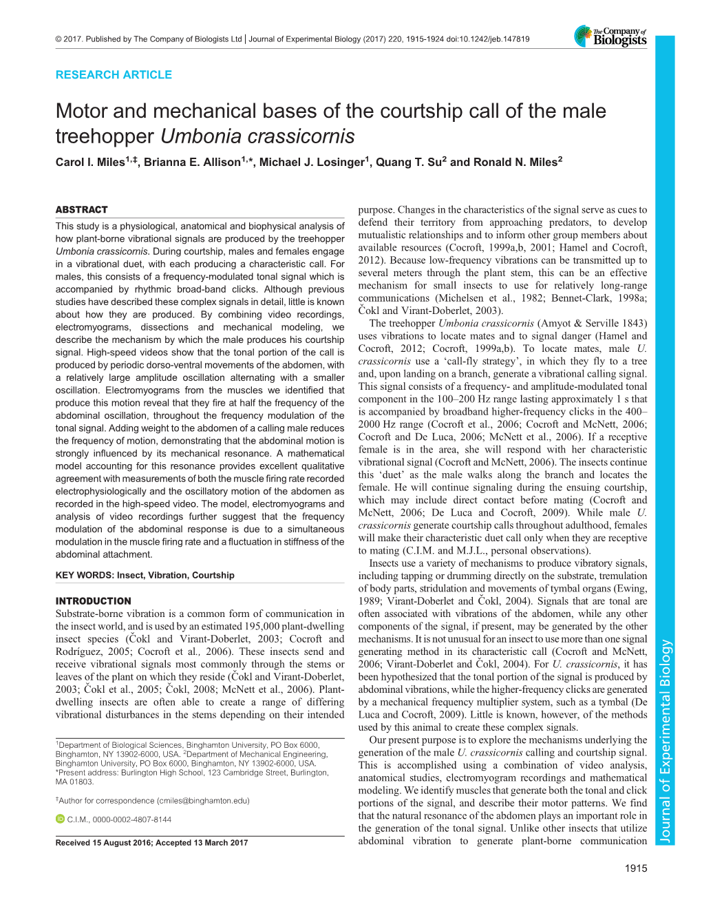 Motor and Mechanical Bases of the Courtship Call of the Male Treehopper Umbonia Crassicornis Carol I