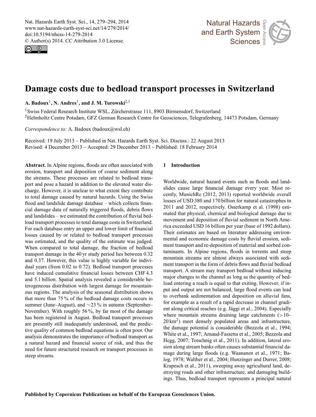 Damage Costs Due to Bedload Transport Processes in Switzerland
