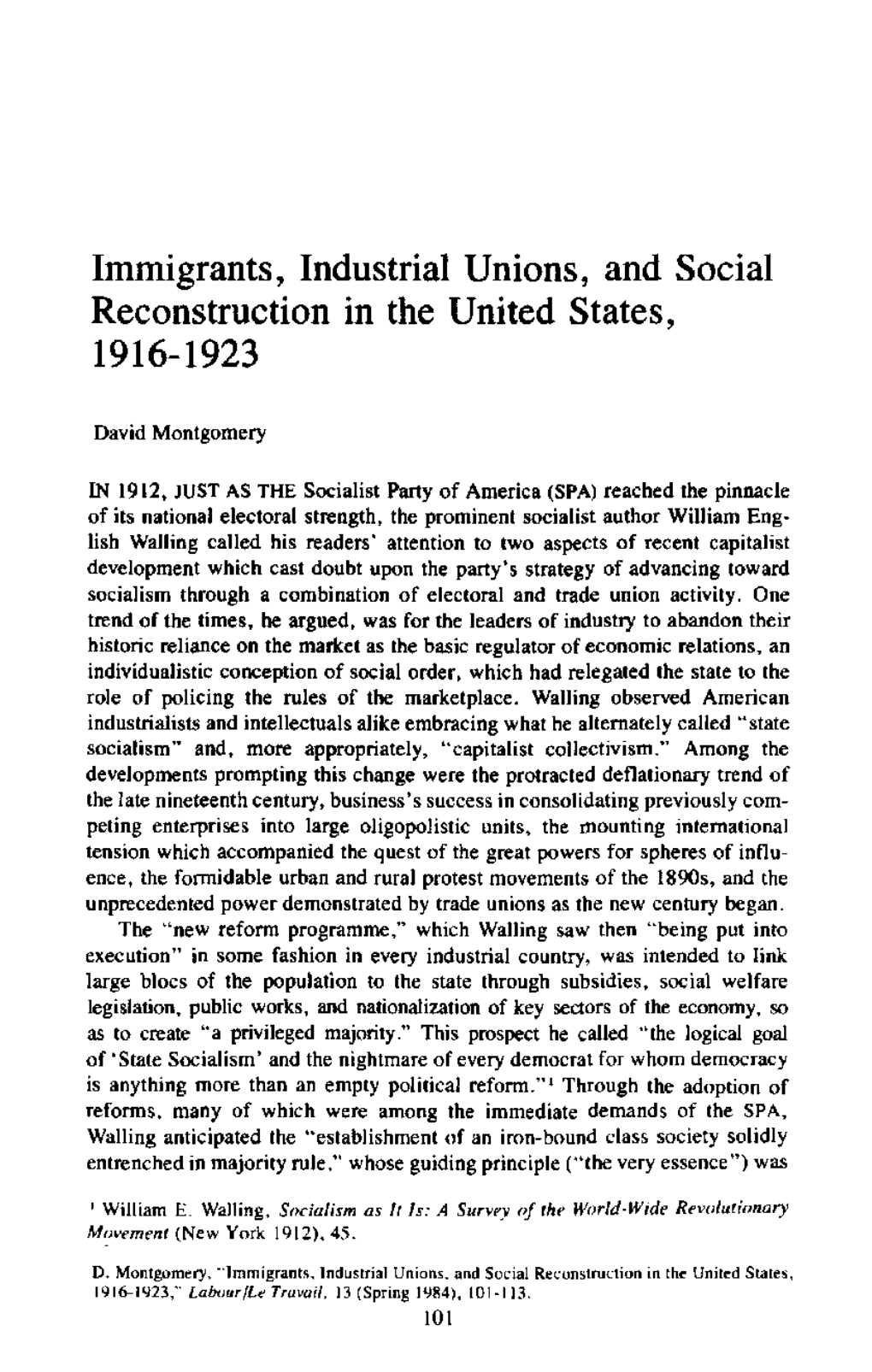 Immigrants, Industrial Unions, and Social Reconstruction in the United States, 1916-1923