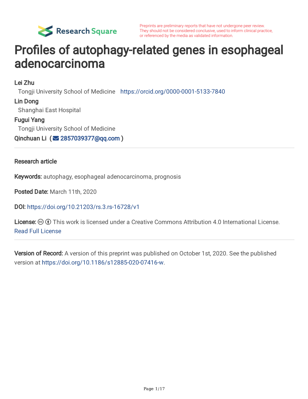 Profiles of Autophagy-Related Genes in Esophageal Adenocarcinoma