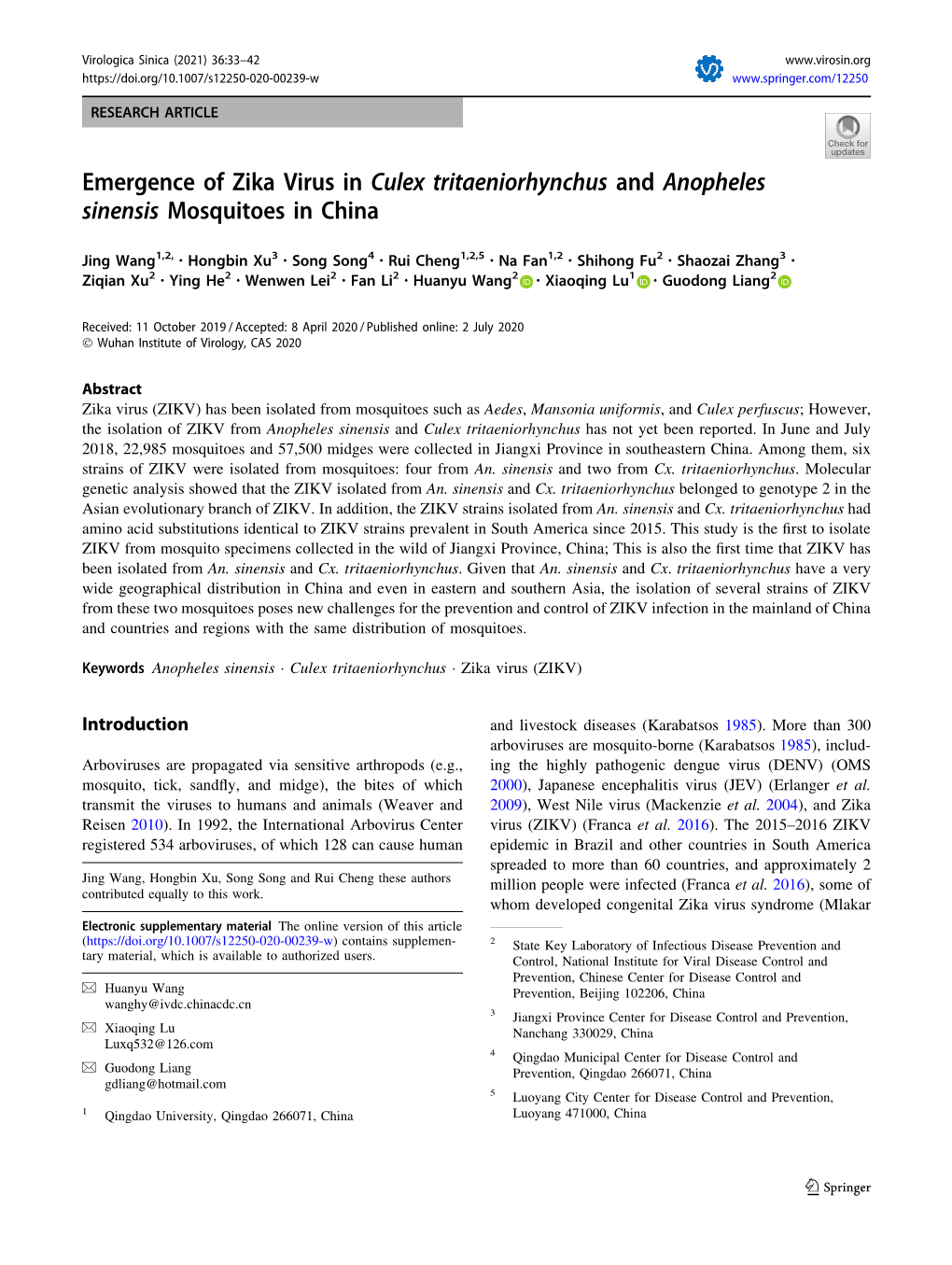 Emergence of Zika Virus in Culex Tritaeniorhynchus and Anopheles Sinensis Mosquitoes in China