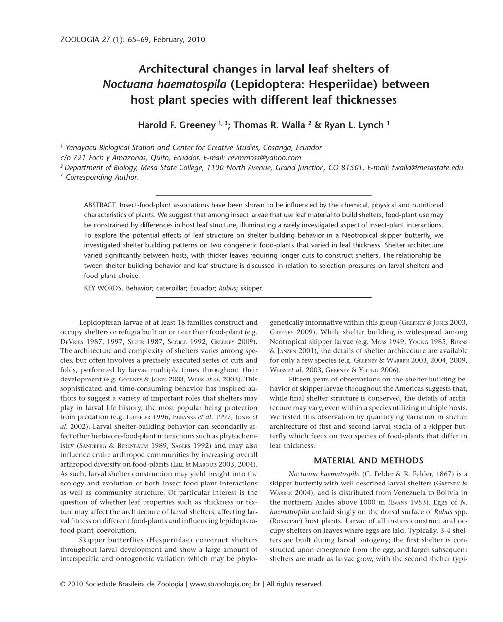 (Lepidoptera: Hesperiidae) Between Host Plant Species with Different Leaf Thicknesses