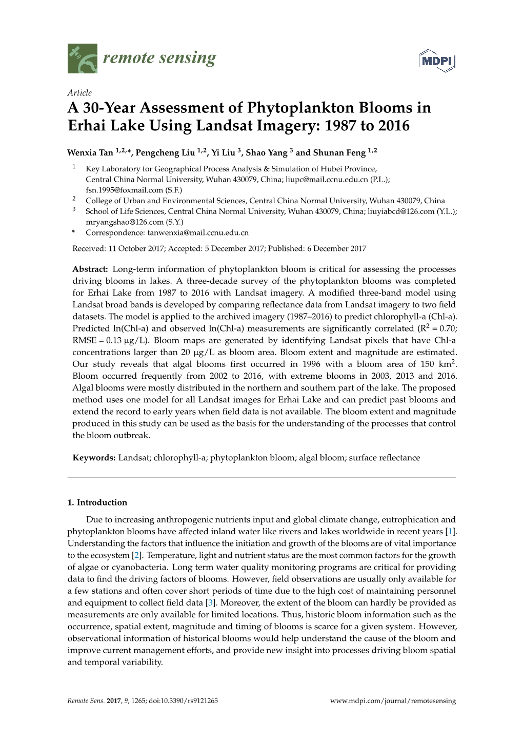 A 30-Year Assessment of Phytoplankton Blooms in Erhai Lake Using Landsat Imagery: 1987 to 2016