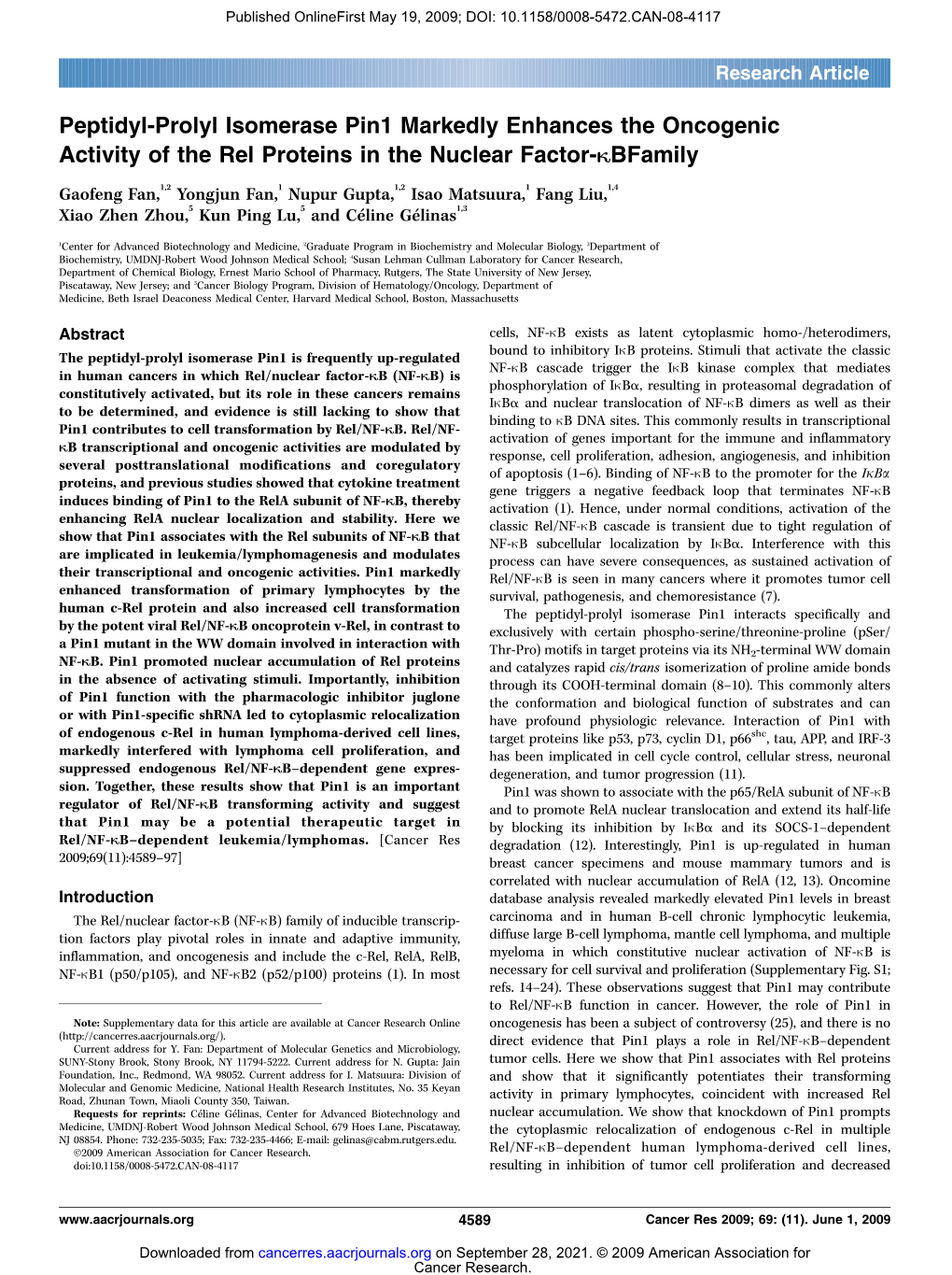 Peptidyl-Prolyl Isomerase Pin1 Markedly Enhances the Oncogenic Activity of the Rel Proteins in the Nuclear Factor-Kbfamily