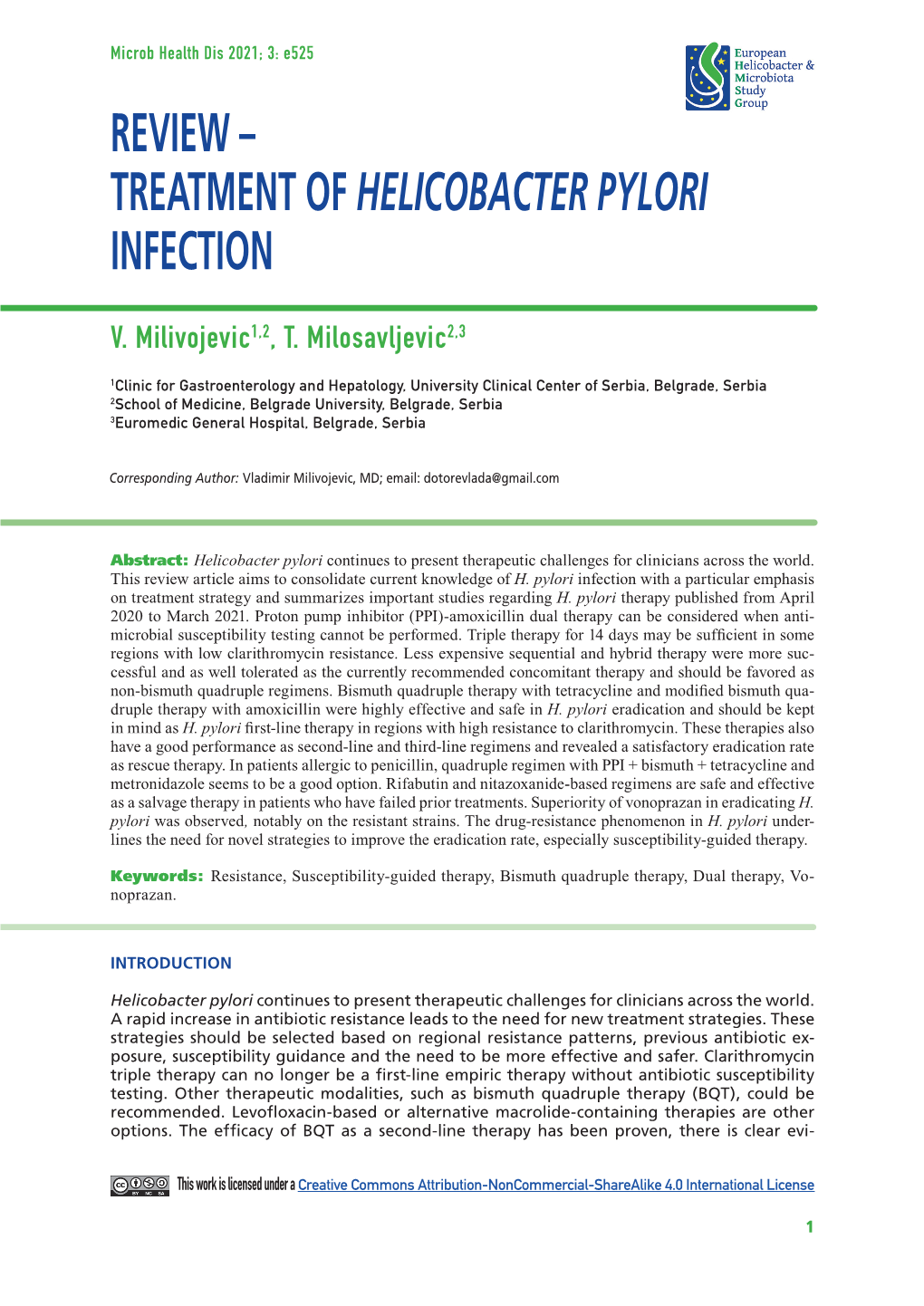 Review – Treatment of Helicobacter Pylori Infection