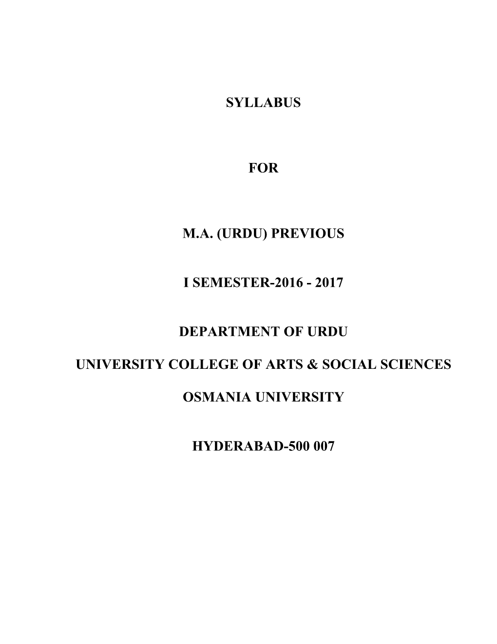 Syllabus for Ma (Urdu) Previous I Semester-2016