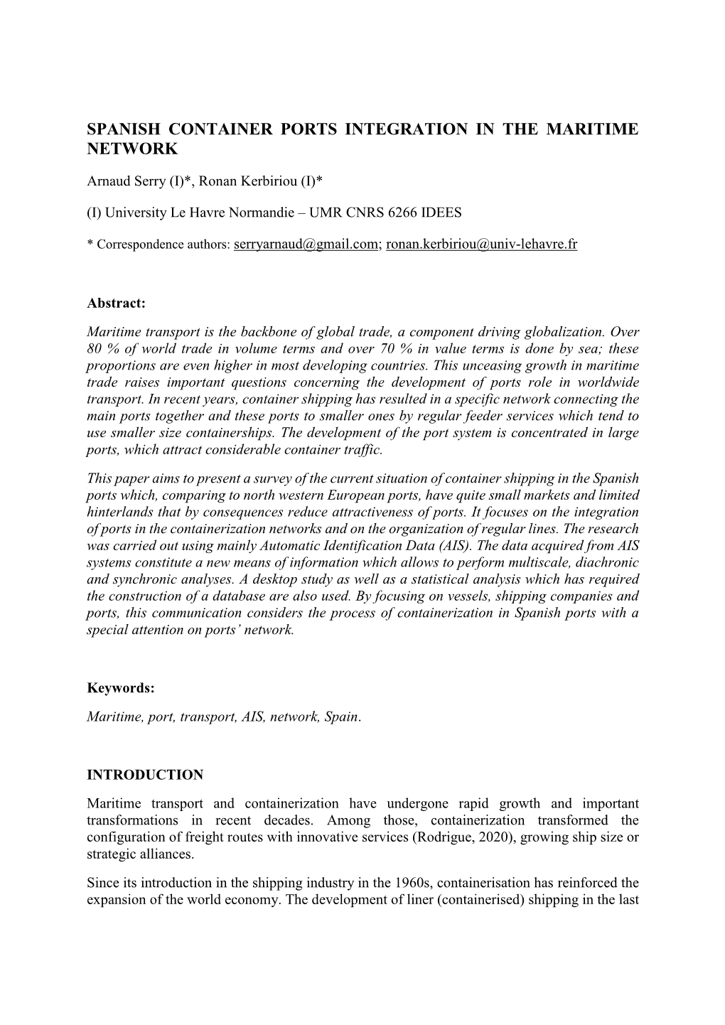 Spanish Container Ports Integration in the Maritime Network