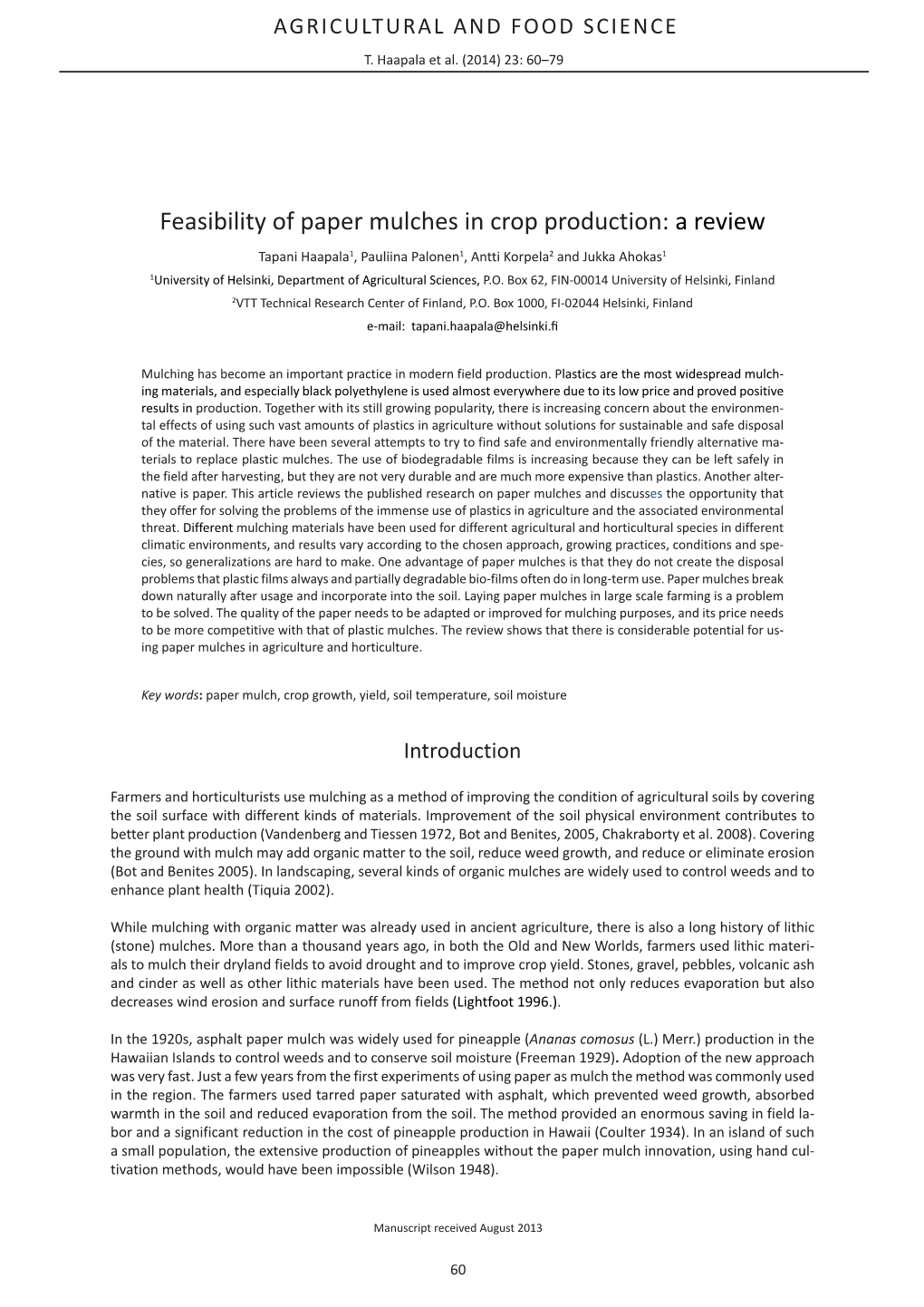 Feasibility of Paper Mulches in Crop Production