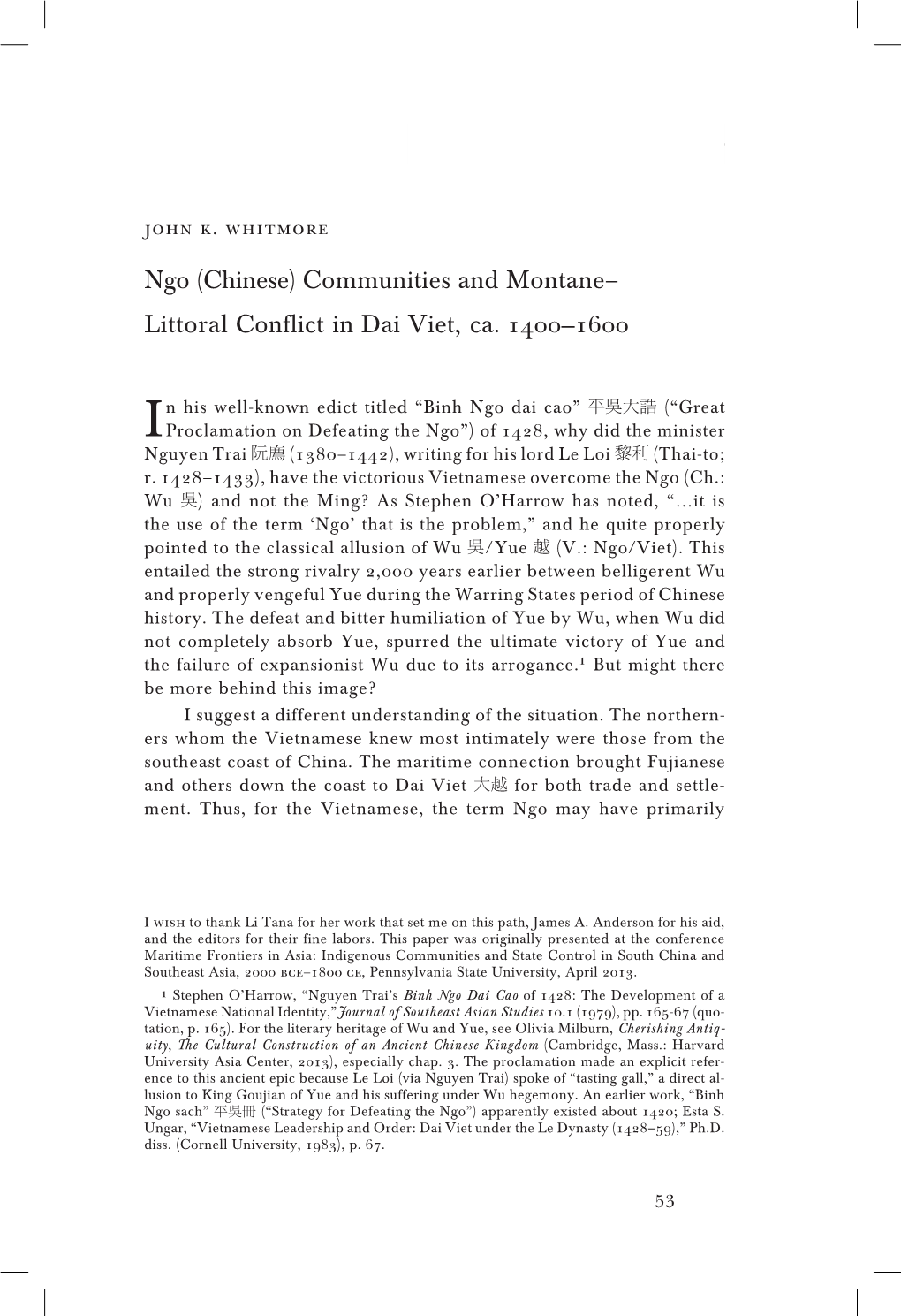 Ngo (Chinese) Communities and Montane– Littoral Conflict in Dai Viet, Ca