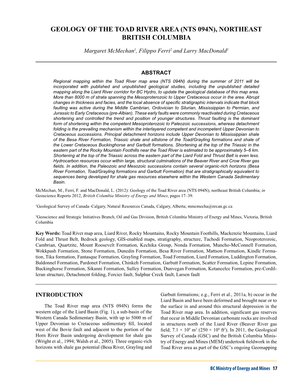 Geology of the Toad River Area (NTS 094N), Northeast British Columbia