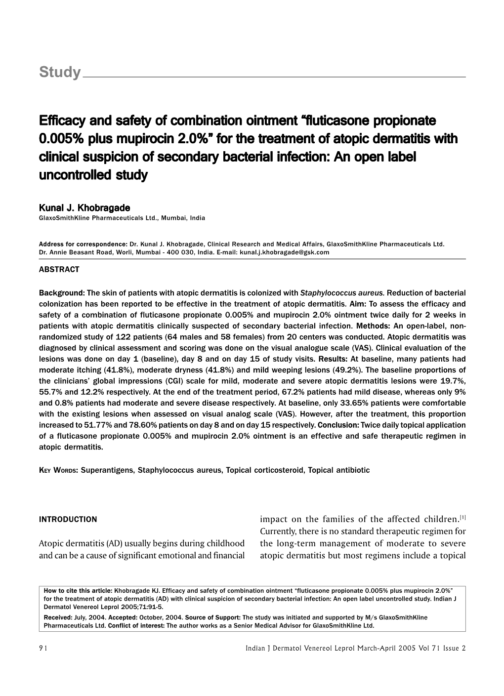 Efficacy and Safety of Combination Ointment “Fluticasone Propionate 0.005% Plus Mupirocin 2.0%” for the Treatment of Atopic