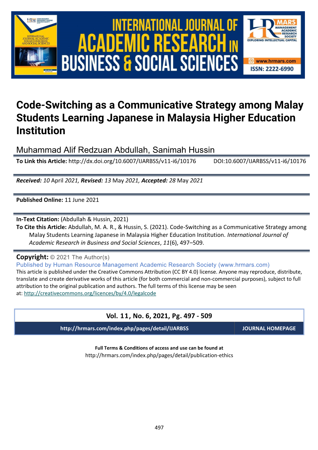 Code-Switching As a Communicative Strategy Among Malay Students Learning Japanese in Malaysia Higher Education Institution