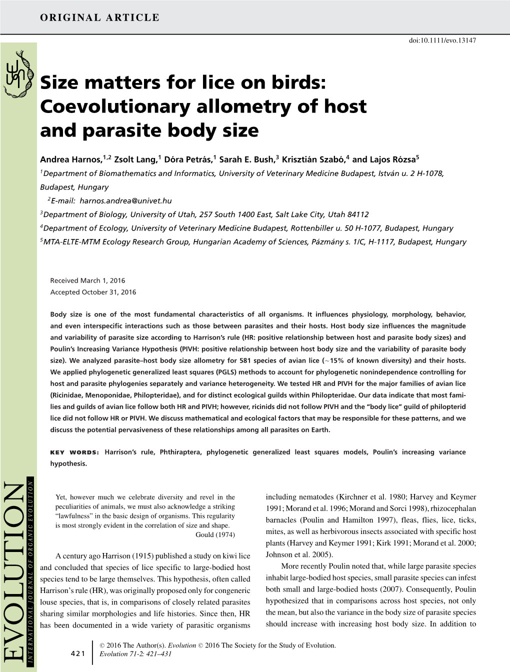 Size Matters for Lice on Birds: Coevolutionary Allometry of Host and Parasite Body Size