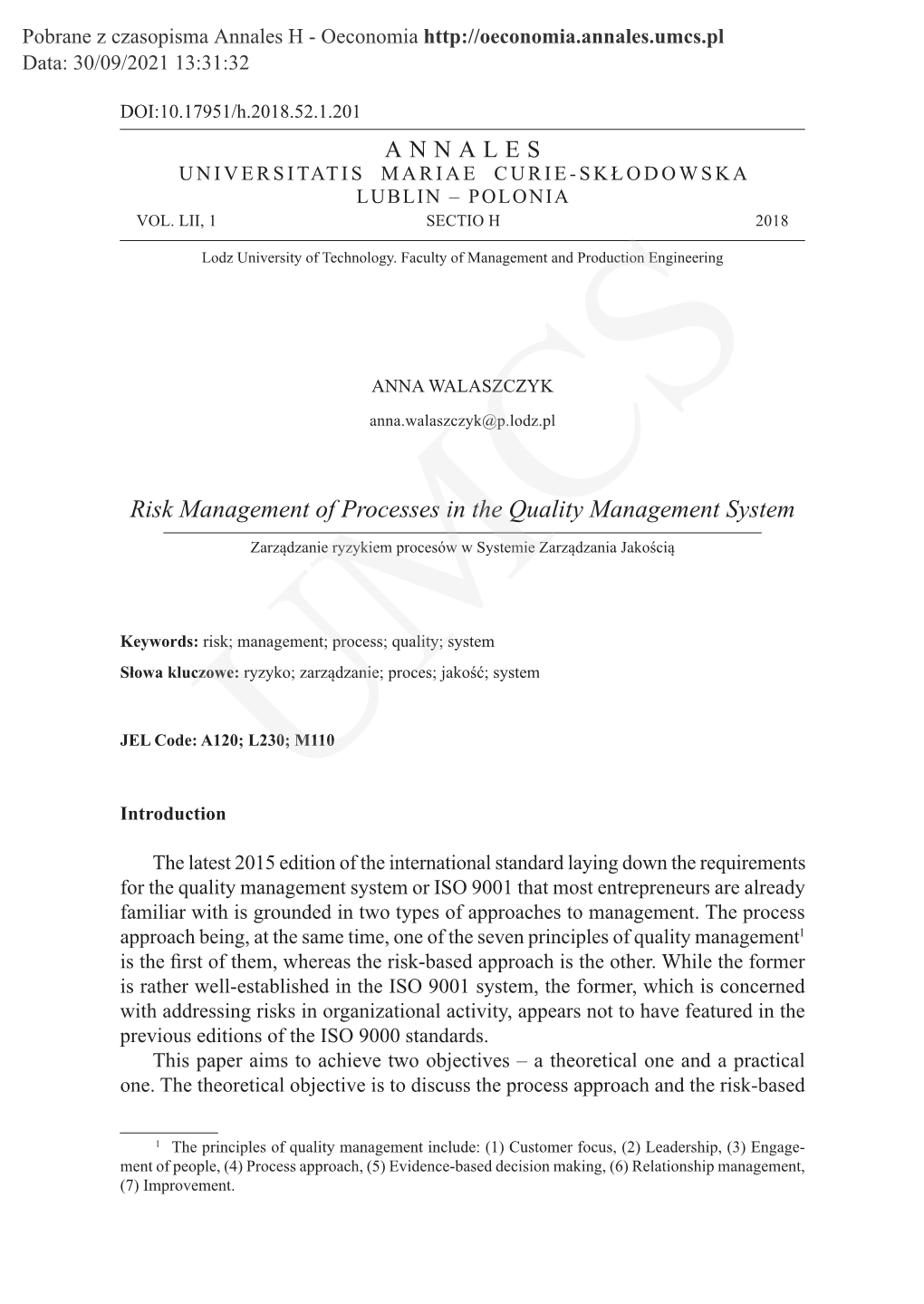 Risk Management of Processes in the Quality Management System