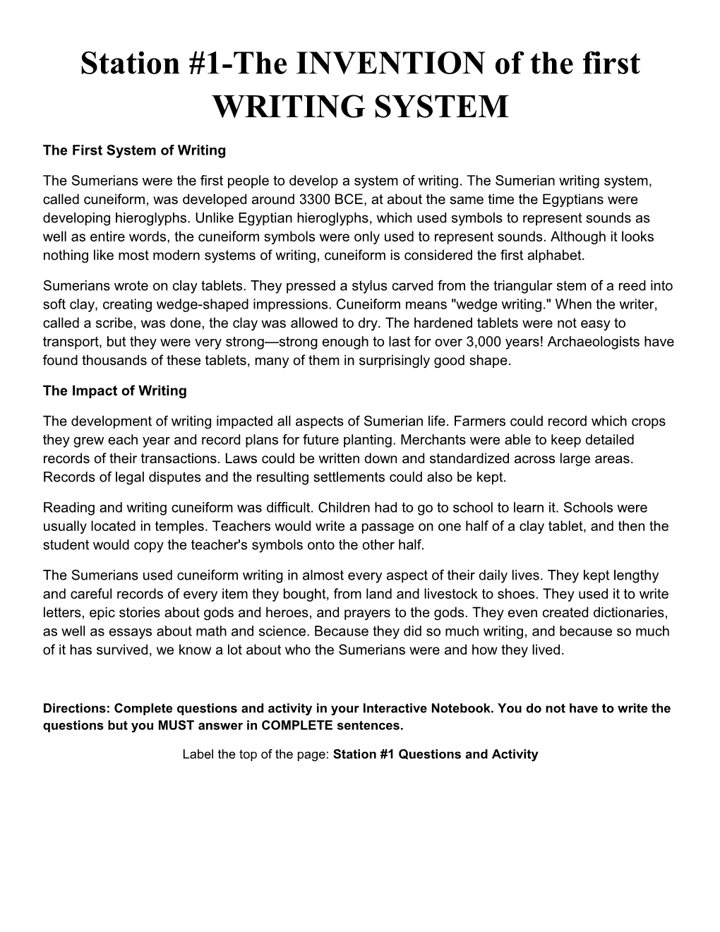 Station #1-The INVENTION of the First WRITING SYSTEM