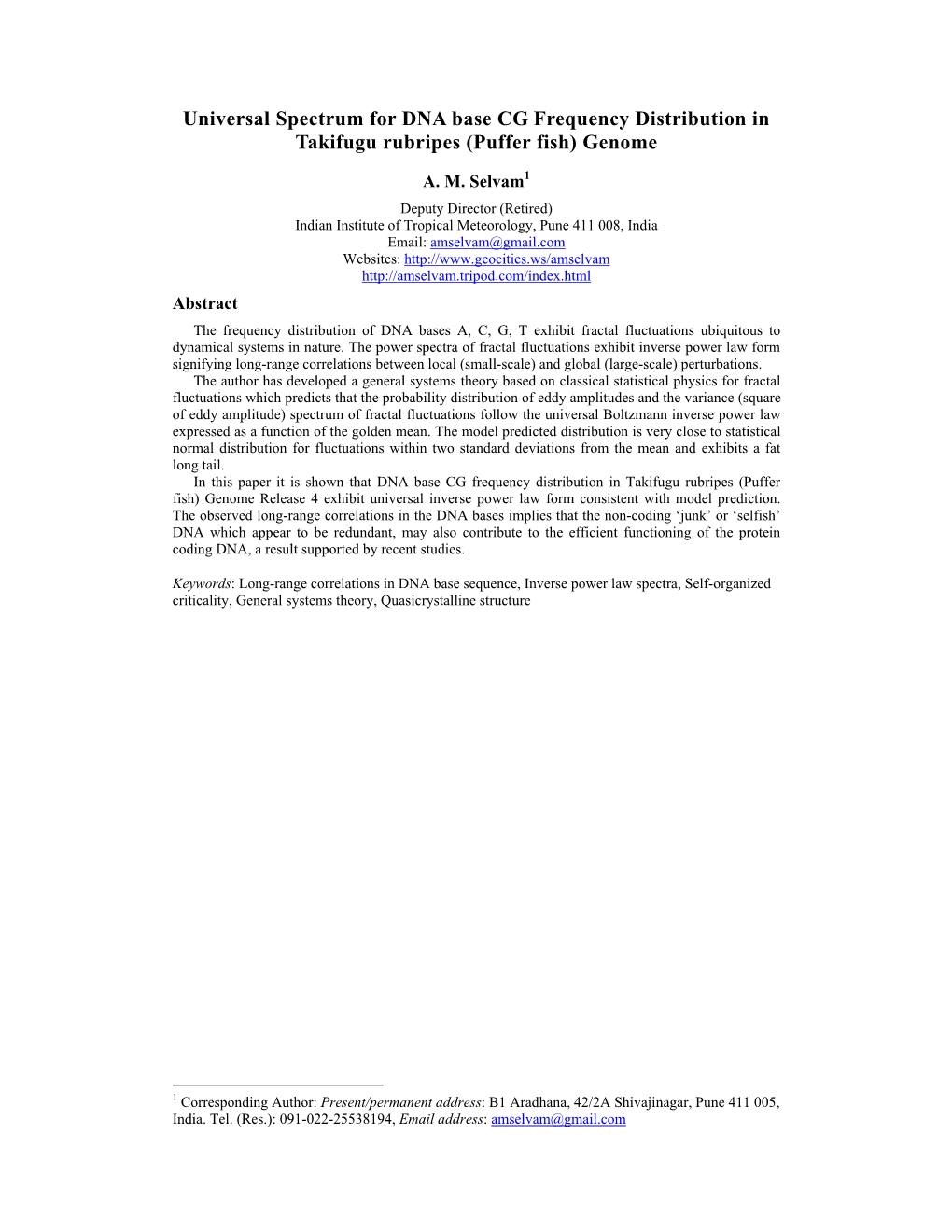 Universal Spectrum for DNA Base CG Frequency Distribution in Takifugu Rubripes (Puffer Fish) Genome