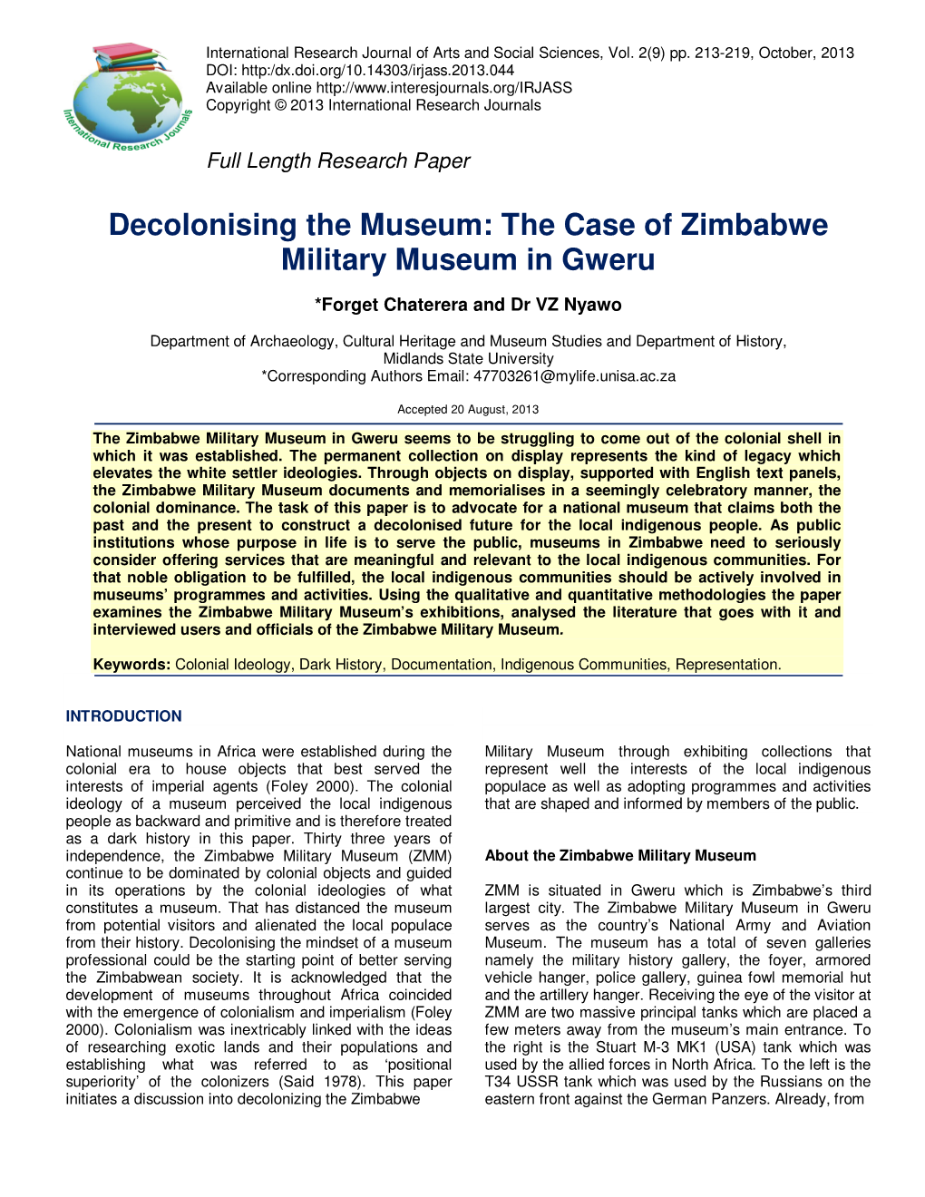 The Case of Zimbabwe Military Museum in Gweru
