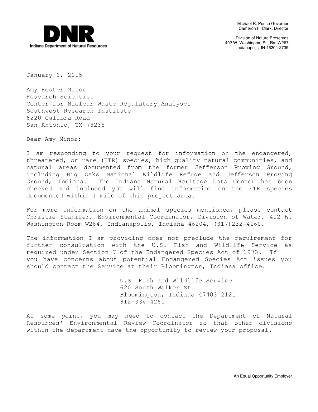 Letter from R Hellmich Indiana Natural Heritage Data Center 010615