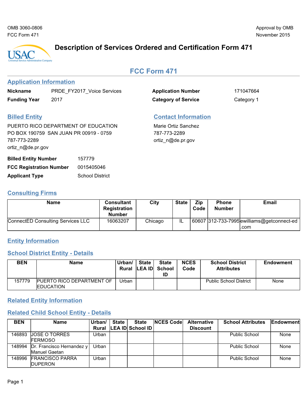 FCC Form 471 November 2015 Description of Services Ordered and Certification Form 471
