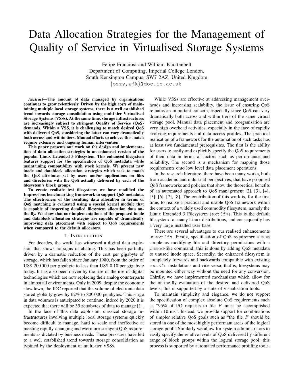 Data Allocation Strategies for the Management of Quality of Service in Virtualised Storage Systems