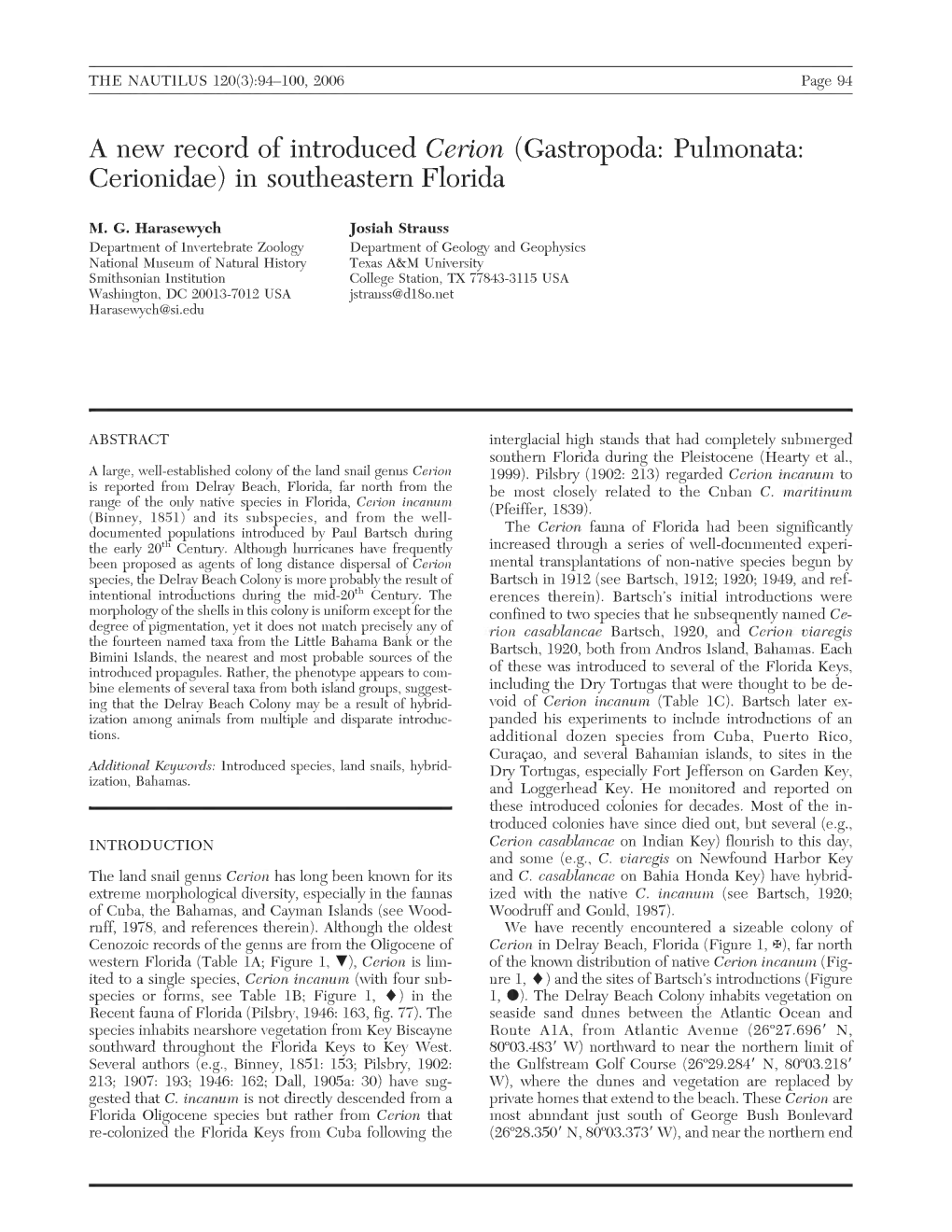 A New Record of Introduced Cerion (Gastropoda: Pulmonata: Cerionidae) in Southeastern Florida