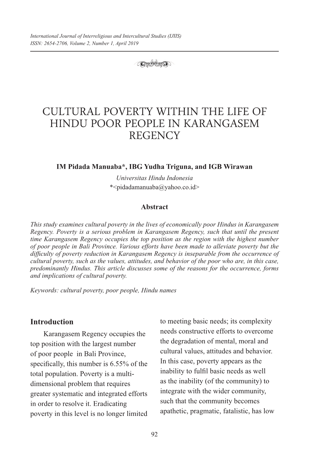 Cultural Poverty Within the Life of Hindu Poor People in Karangasem Regency