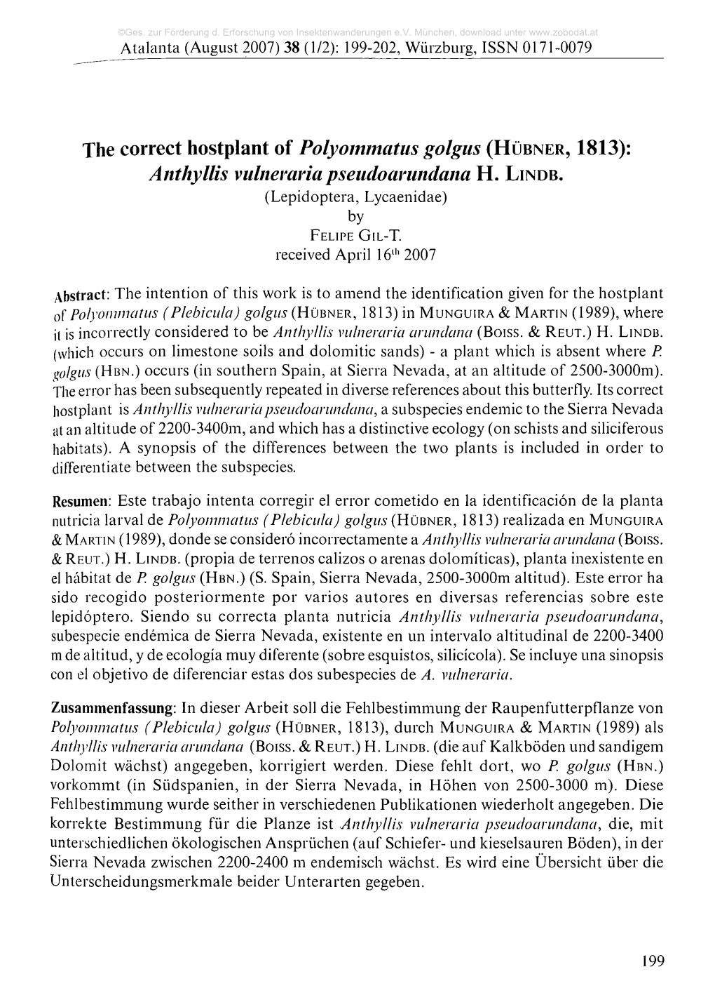 The Correct Hostplant of Polyommatus Golgus (H Ü Bner , 1813): Anthyllis Vulneraria Pseudoarundana H