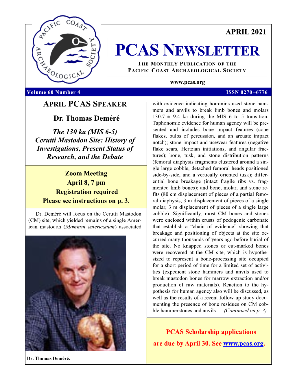 April 2021 Pcas Newsletter the Monthly Publication of the Pacific Coast Archaeological Society