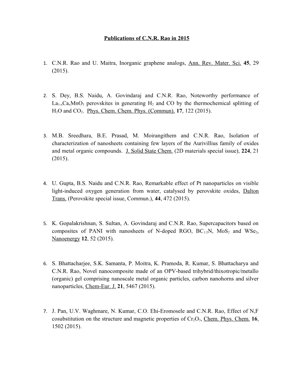 Publications of C.N.R. Rao in 2015