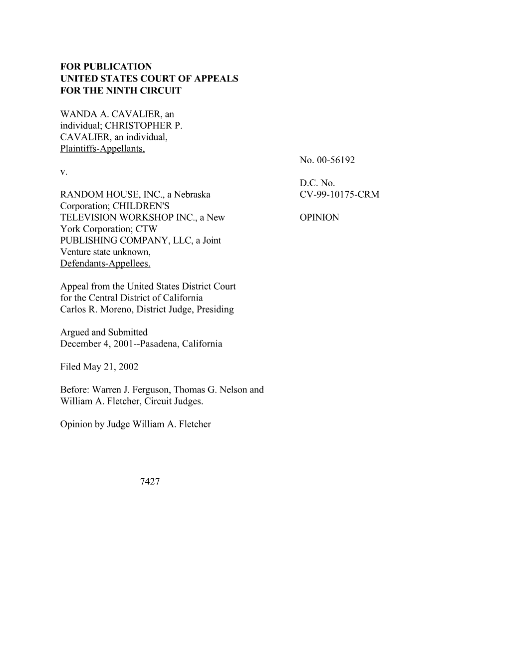 CHRISTOPHER P. CAVALIER, an Individual, Plaintiffs-Appellants, No