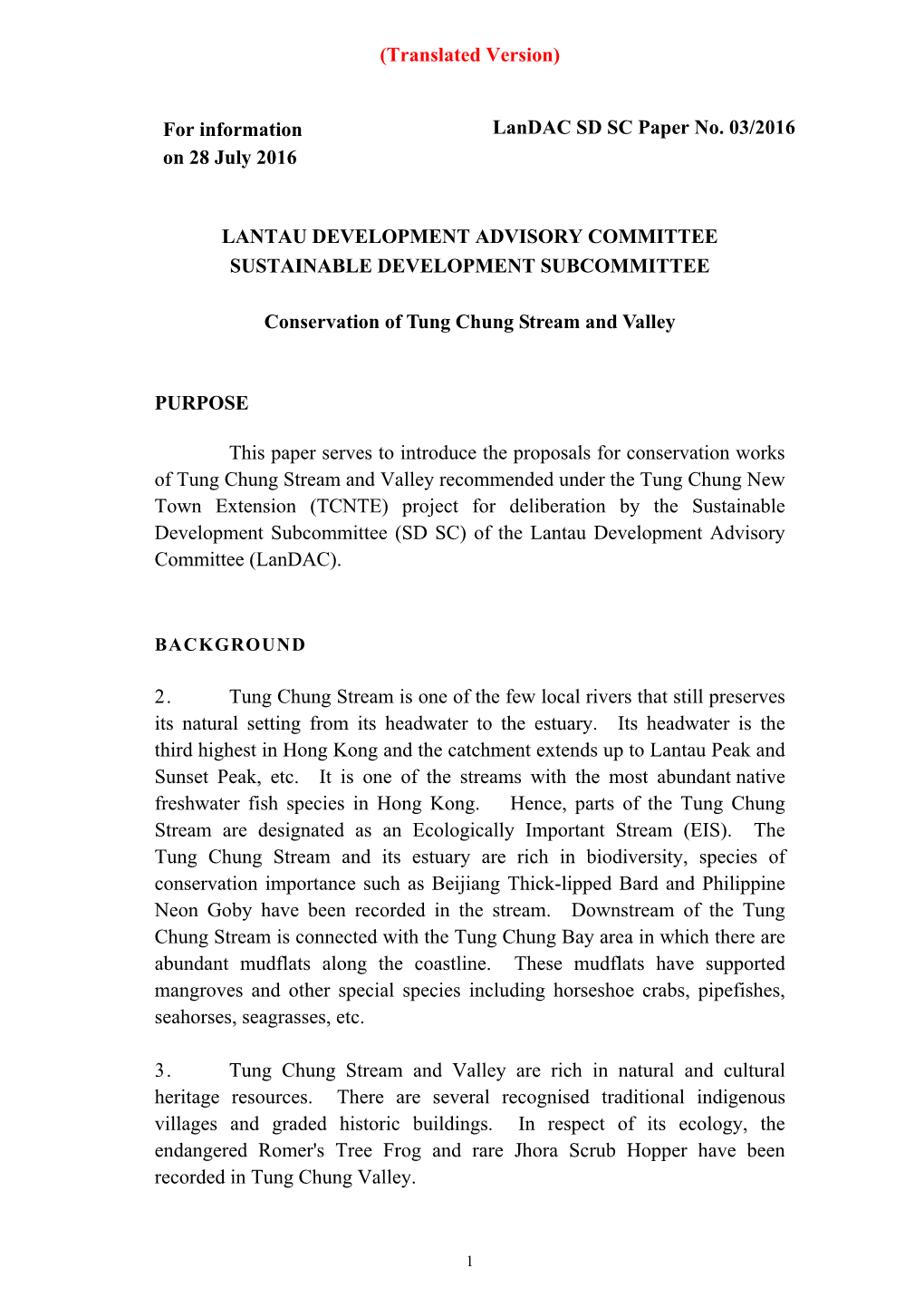 (Translated Version) for Information Landac SD SC Paper No. 03/2016 on 28 July 2016 LANTAU DEVELOPMENT ADVISORY COMMITTEE SUST