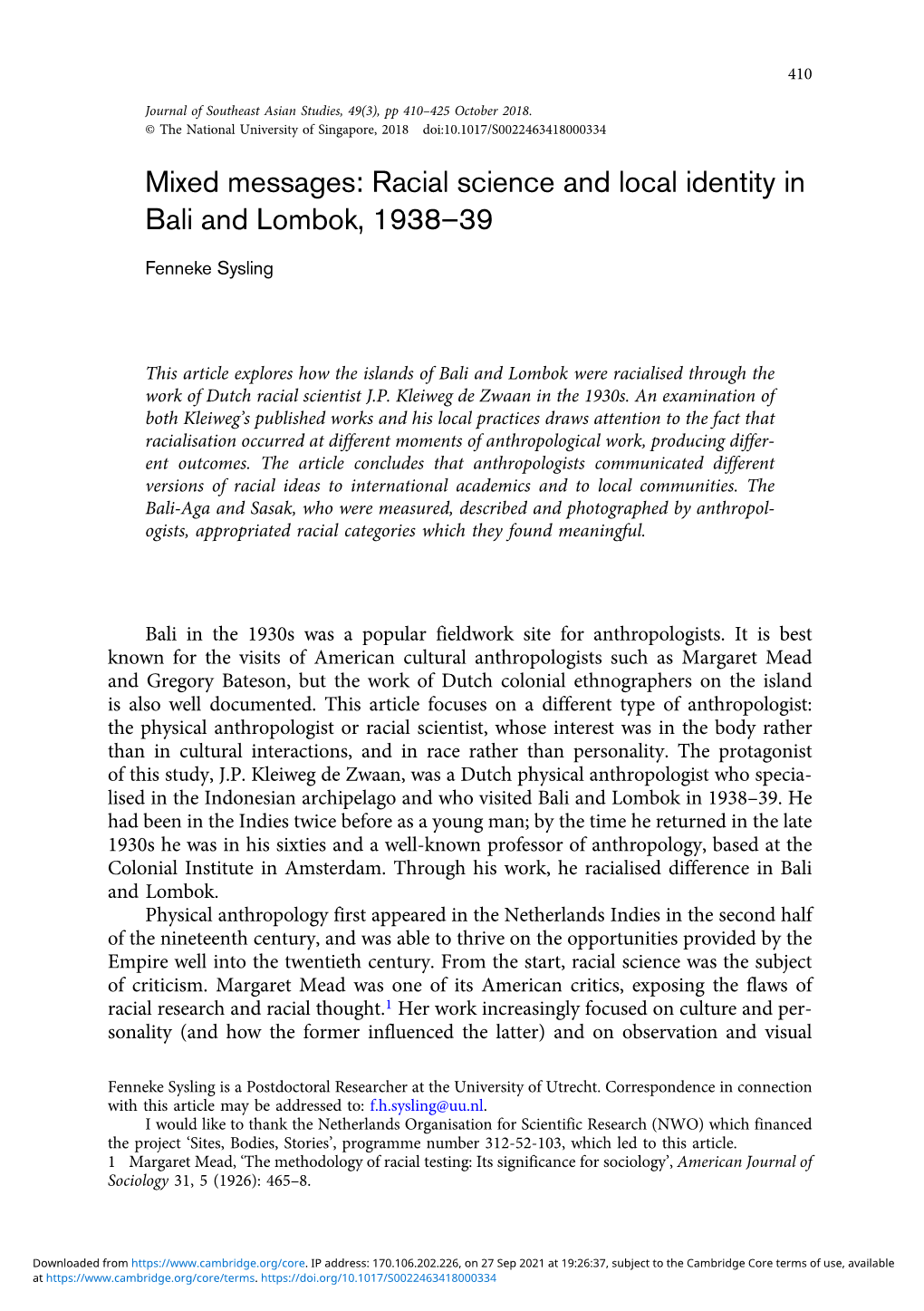 Mixed Messages: Racial Science and Local Identity in Bali and Lombok, 1938–39