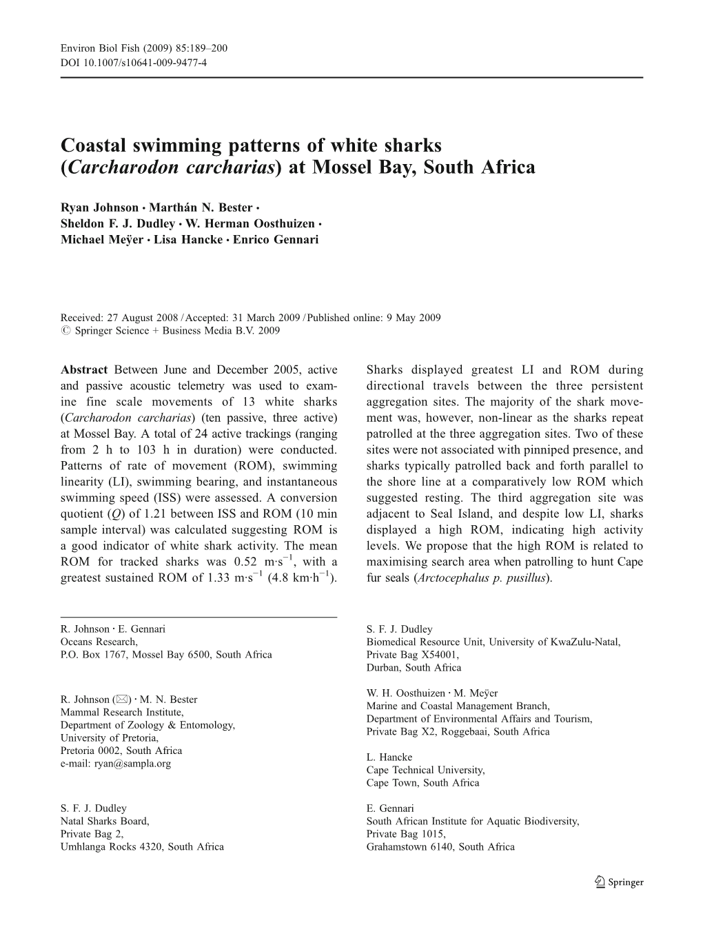 Coastal Swimming Patterns of White Sharks (Carcharodon Carcharias) at Mossel Bay, South Africa