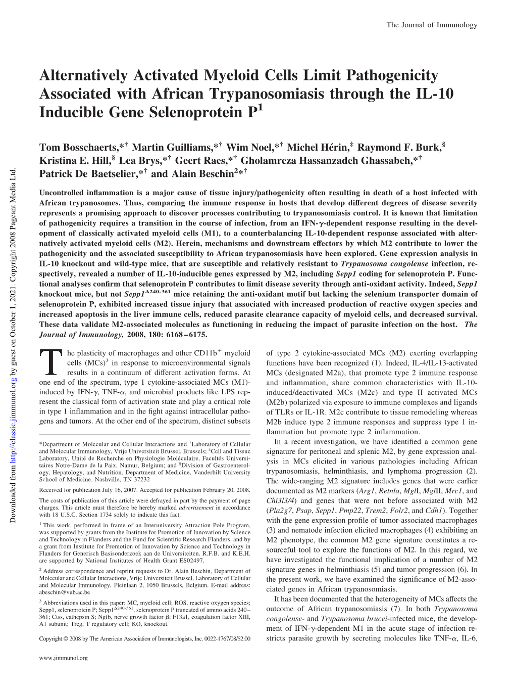 Gene Selenoprotein P Trypanosomiasis Through the IL-10 Inducible Pathogenicity Associated with African Alternatively Activated M