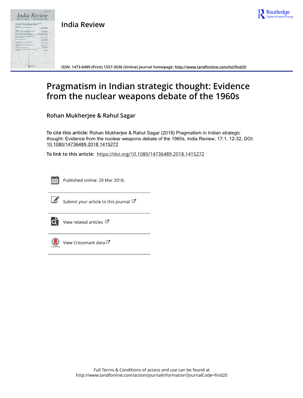 Pragmatism in Indian Strategic Thought: Evidence from the Nuclear Weapons Debate of the 1960S