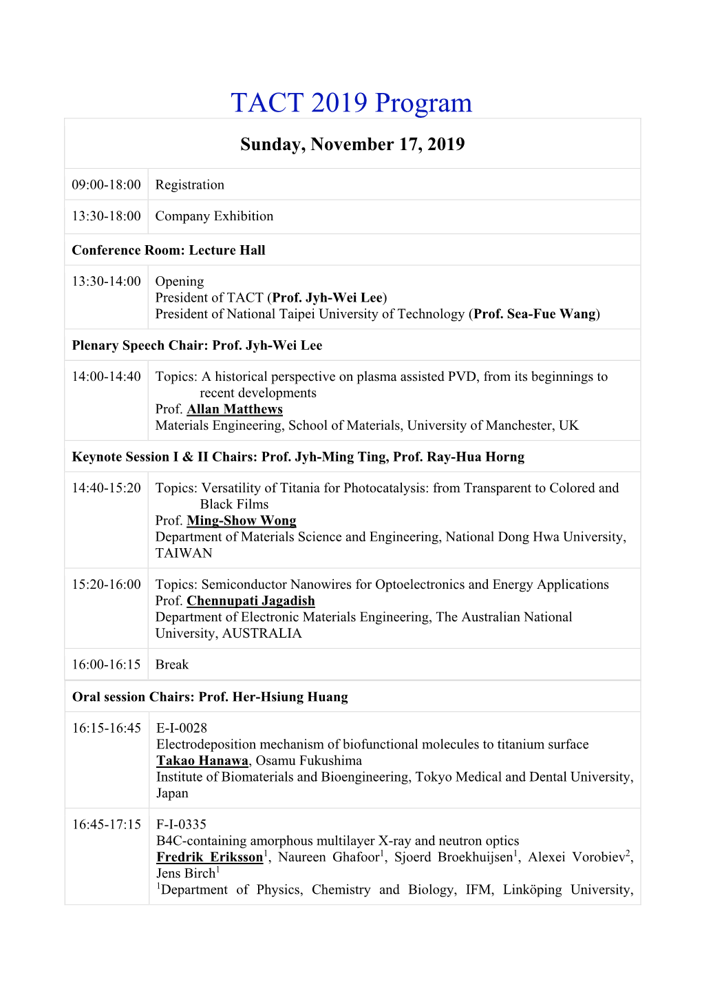 TACT 2019 Program Sunday, November 17, 2019